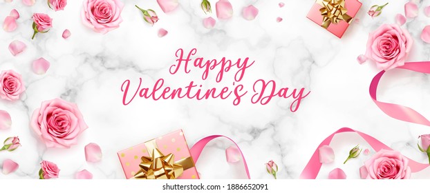 Valentines Day background with rose petals and rose buds. Rose flowers with pink ribbon and gift boxes on marble background. 3d realistic vector. Holiday poster, flyer, banner.