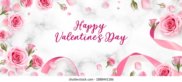 Valentines Day background with rose petals and rose buds. Rose flowers with pink ribbon on marble background. 3d realistic vector. Holiday poster, flyer, banner.