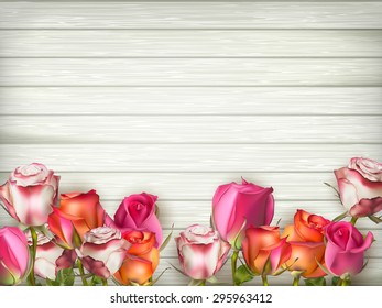 Valentines day background with roses over wooden table. Top view with copy space. EPS 10 vector file included