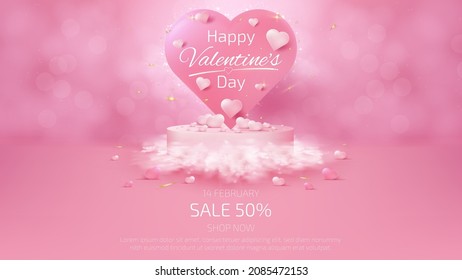 Valentine's day background and sale banner template with realistic 3d podium and cloud elements, ribbon, balloon heart shaped with glitter light effects and bokeh.