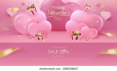 Valentine's day background and sale banner template with realistic 3d pink shelf and gift box elements, ribbon, balloon heart shaped with glitter light effects and bokeh.