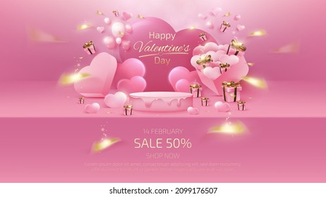 Valentine's day background and sale banner template with realistic 3d pink shelf and gift box elements, ribbon, balloon heart shaped with glitter light effects and bokeh.