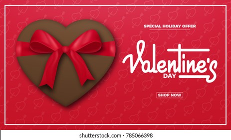 Valentines Day. Valentines background with script lettering, chocolate present and realistic silk gift bow. Valentine's Day banner.