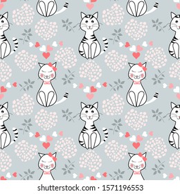 Valentines day background. Seamless cute cats pattern with small leaves and hearts on a grey background