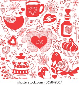 Valentines day background. Seamless hand-drawn pattern with red-and-white romantic elements.