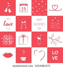 Valentine's Day Background. Seamless Holiday Pattern. Geometric Checkered Print with Valentine's Day  Elements. Vector illustration in Red, White