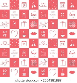 Valentine's Day Background. Seamless Holiday Pattern. Geometric Checkered Print with Valentine's Day  Elements. Vector illustration in Red, White