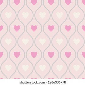 Valentines day background seamless pattern with cute pink hearts and waves. Vector illustration.