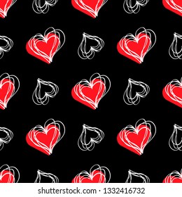 Valentines day background. Seamless pattern made of ornamental hearts of various size. Hearts pattern with hatching.