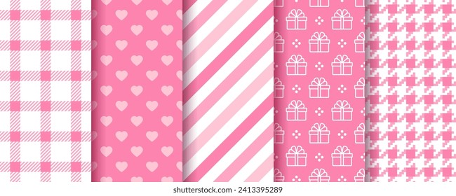 Valentine's day background. Seamless pattern. Prints with hearts, stripes, gift box, hound tooth, plaid. Cute pink texture. Set festive wrapping papers. Collection girly backdrops. Vector illustration