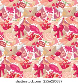 Valentine's Day background. Seamless pattern. Love attributes. Doodle design. Wrapping paper, gift wrapper