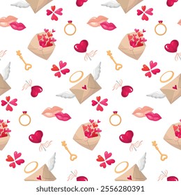 Valentine's Day background. Seamless pattern. Love attributes. Wrapping paper, gift wrapper