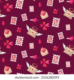 Valentine's Day background. Seamless pattern. Love attributes. Flat design. Wrapping paper, gift wrapper