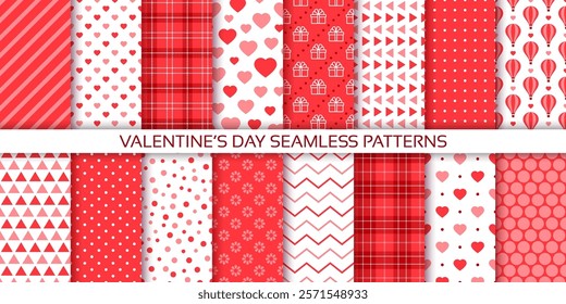 Valentines day background. Seamless pattern with hearts. Love prints for wrapping papers. Set romantic red backdrops. Vector illustration. Collection cute textures. Girly hearted scrap design  