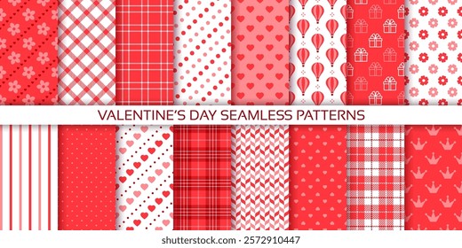 Valentines day background. Seamless pattern with hearts. Set romantic red textures. Love prints for wrapping papers. Vector illustration. Collection cute backdrops. Girly hearted scrap design  
