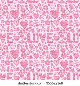 Valentine's day background. Seamless pattern with doodle love, heart, flower, letter, cups, teapots, muffins.