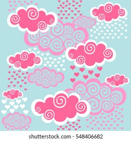 Valentine's day background. Seamless pattern with clouds and hearts. Vector illustration