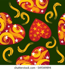 Valentines day background. Seamless pattern made of ornamental hearts of various size. Hearts pattern with lacy ornamentation and hatching.