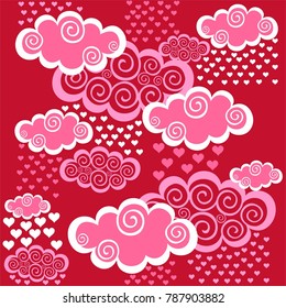 Valentine's day background. Seamless pattern with clouds and hearts. Background dark red blurred. Maroon backdrop. Vector Illustration