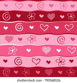 Valentine's day background. Seamless stripped pattern.  Celebration background with hearts, flower. Vector illustration.