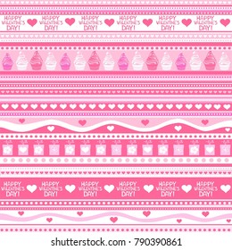 Valentine's day background. Seamless stripped pattern.  Celebration pink background with hearts, cupcake, flower and gift box. Vector illustration.