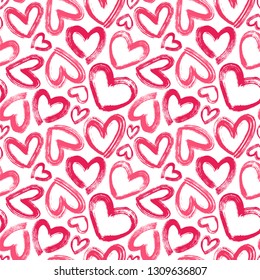 Valentines day background. Seamless vector pattern with brush strokes hearts. Hand drawn.