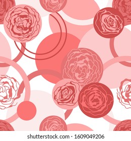 Valentine's Day background. Seamless vector pattern with roses and circles. Template for cards, gift wrappings, textile design and other decorations.