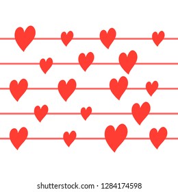 Valentines day background with sewed pillow hearts on rope with wooden clothespins