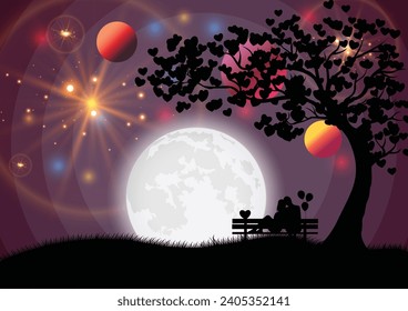 Valentine's Day Background Silhouettes Couple Enjoying Moonlight Romantic Moment 