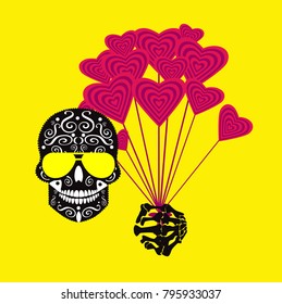 Valentines day background with skull icon and hearts 