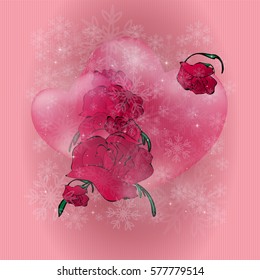 Valentine's Day background background with snowflakes, roses and hearts 