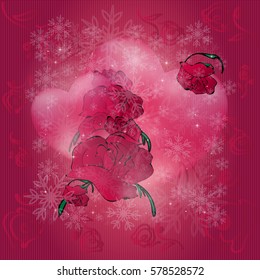 Valentine's Day background with snowflakes, roses and hearts 