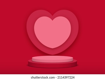 Valentine's day background. Stage podium for product display decorated heart shape on Red background. Minimal style. Vector illustration
