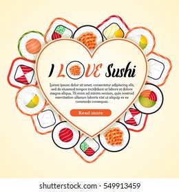 Valentine's Day background with sushi roll set. Heart template with text sample and button "read more". I love sushi. Sushi delivery concept.