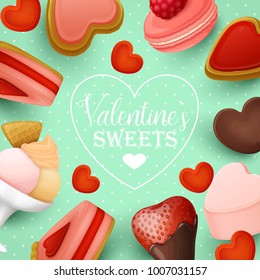 Valentine`s day background with sweets. Vector illustration.