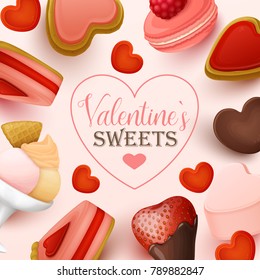 Valentine`s day background with sweets. Vector illustration.