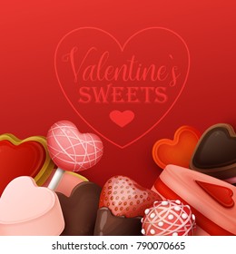 Valentine`s day background with sweets. Vector illustration.