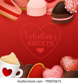 Valentine`s day background with sweets. Vector illustration.