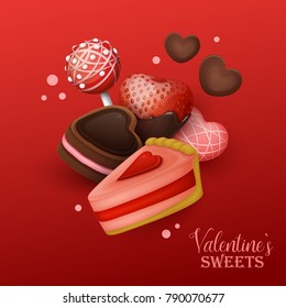 Valentine`s day background with sweets. Vector illustration.