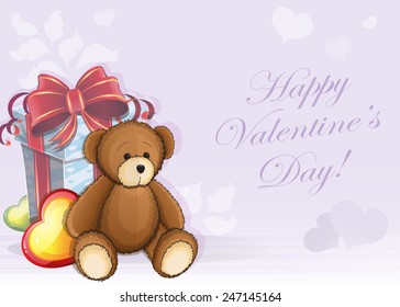 Valentines Day background with teddy bear, gift box and hearts.