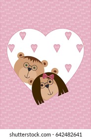 Valentines Day background with teddy bears in Round glasses, hearts. Greeting card. Word love. brown bear cubs