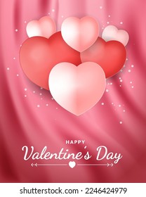 Valentines day background template with 3D realistic love heart and Silk Texture. Holiday banner, web poster, flyer, stylish brochure, greeting card, cover. 