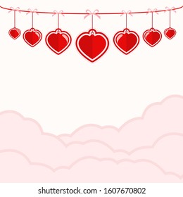 Valentine's Day Background template design. 7 cute red heart hanging on pink background vector illustration concept.