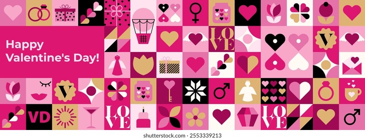 Valentine's day background template with minimalist geometric elements. Pattern background in modern trendy design for banner, card, cover, poster, wallpaper, packaging. Flat vector illustration.
