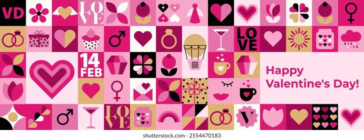 Valentine's day background template with minimalist geometric elements. Pattern background in modern trendy design for banner, card, cover, poster, wallpaper, packaging. Flat vector illustration.

