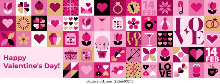 Valentine's day background template with minimalist geometric elements. Pattern background in modern trendy design for banner, card, cover, poster, wallpaper, packaging. Flat vector illustration.
