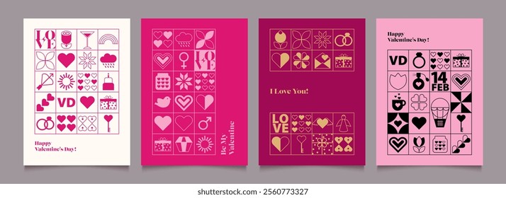 Valentine's day background template with minimalist geometric elements. Pattern background in modern trendy design for banner, card, cover, poster, wallpaper, packaging. Flat vector illustration.
