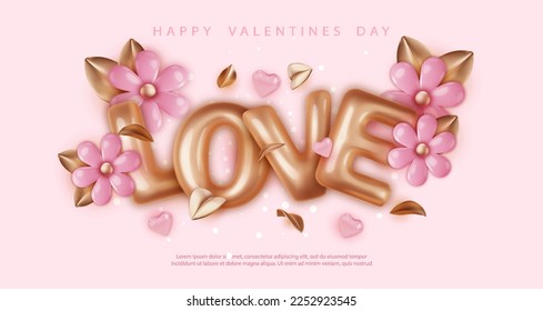 Valentine's Day Background with text Love and flowers. Holiday banner, web poster, flyer, stylish brochure, greeting card, cover. Romantic background.