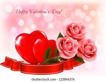 Valentine`s day background. Three red roses with two hearts and ribbon. Vector illustration.