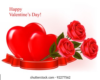 Valentine`s day background. Three red roses with two hearts and ribbon. Vector illustration.